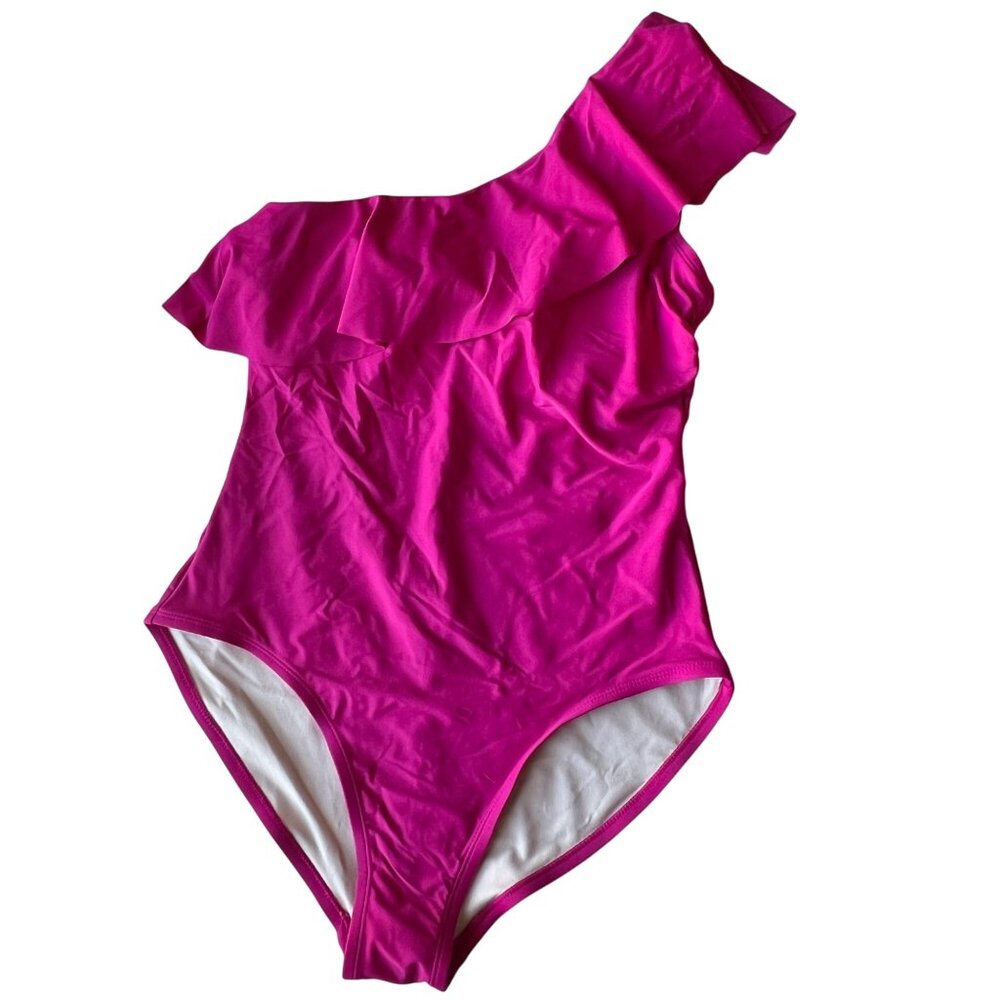 Pink One-Shoulder Swimsuit With Ruffle Detail Padded Lining Size L (12-14)